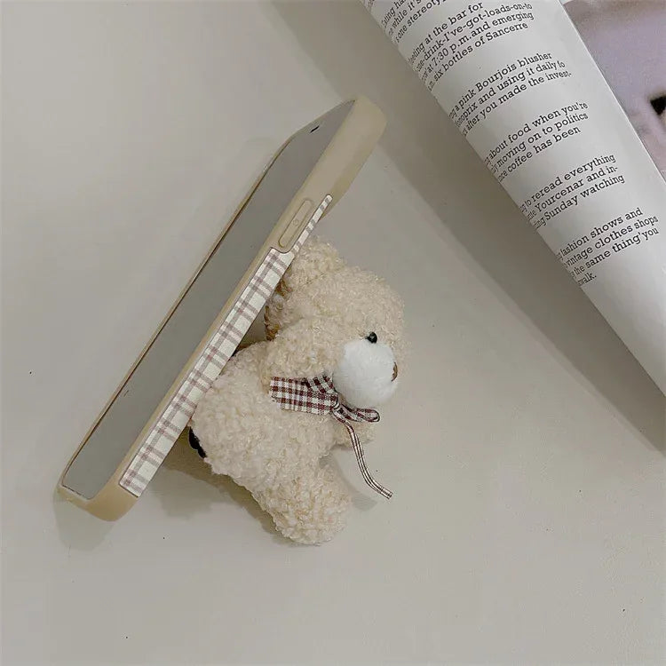 Line Plaid Plush Bear Stand iPhone Case - Viexta