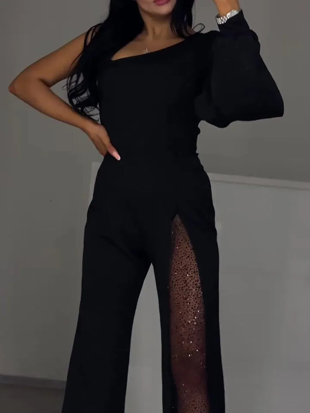 Single Sleeve Patchwork Mesh Jumpsuit - Viexta