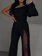 Single Sleeve Patchwork Mesh Jumpsuit - Viexta