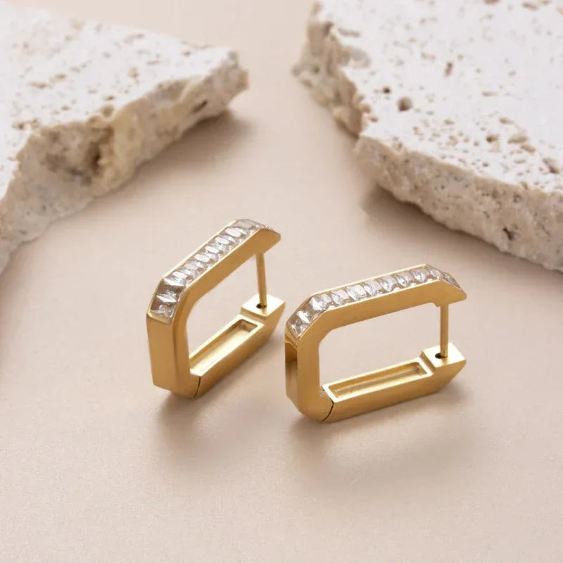 Women's Square Hollow Diamond Titanium Steel Earrings - Viexta