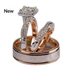 Rose Gold Three-Piece Diamond-Encrusted Zircon Ring Set - Viexta
