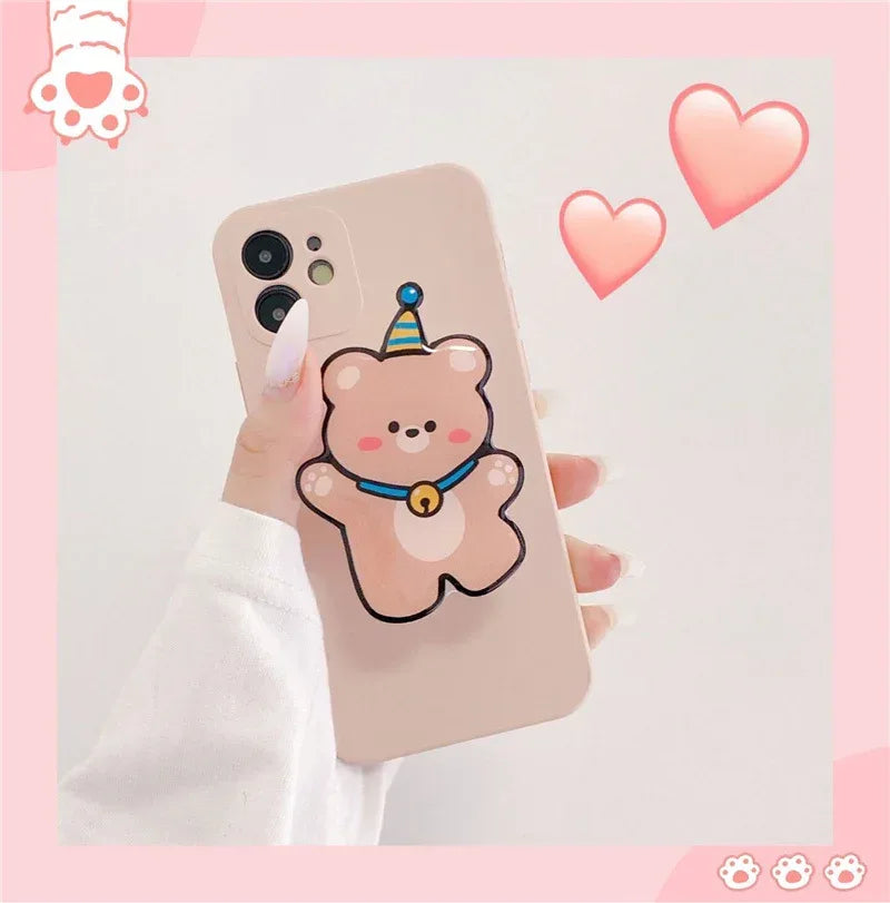 Ins Wind Belt Bracket Cute Cartoon Bear Silicone iPhone Case - Viexta