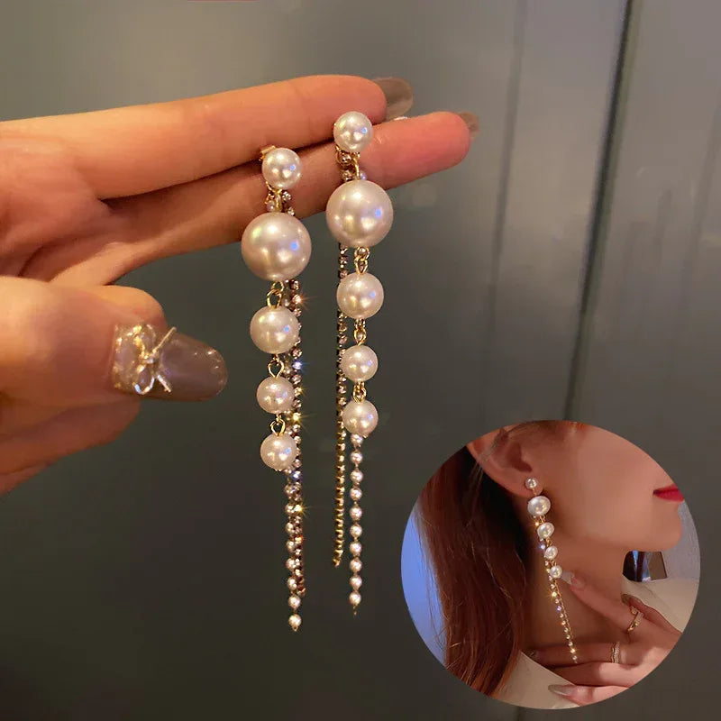 Temperament Pearl Tassel Long Earrings With 925 Silver Needle Fashion Luxury Personalized Earrings For Women - Viexta