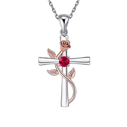 Rose Cross Necklace With Rhinestone