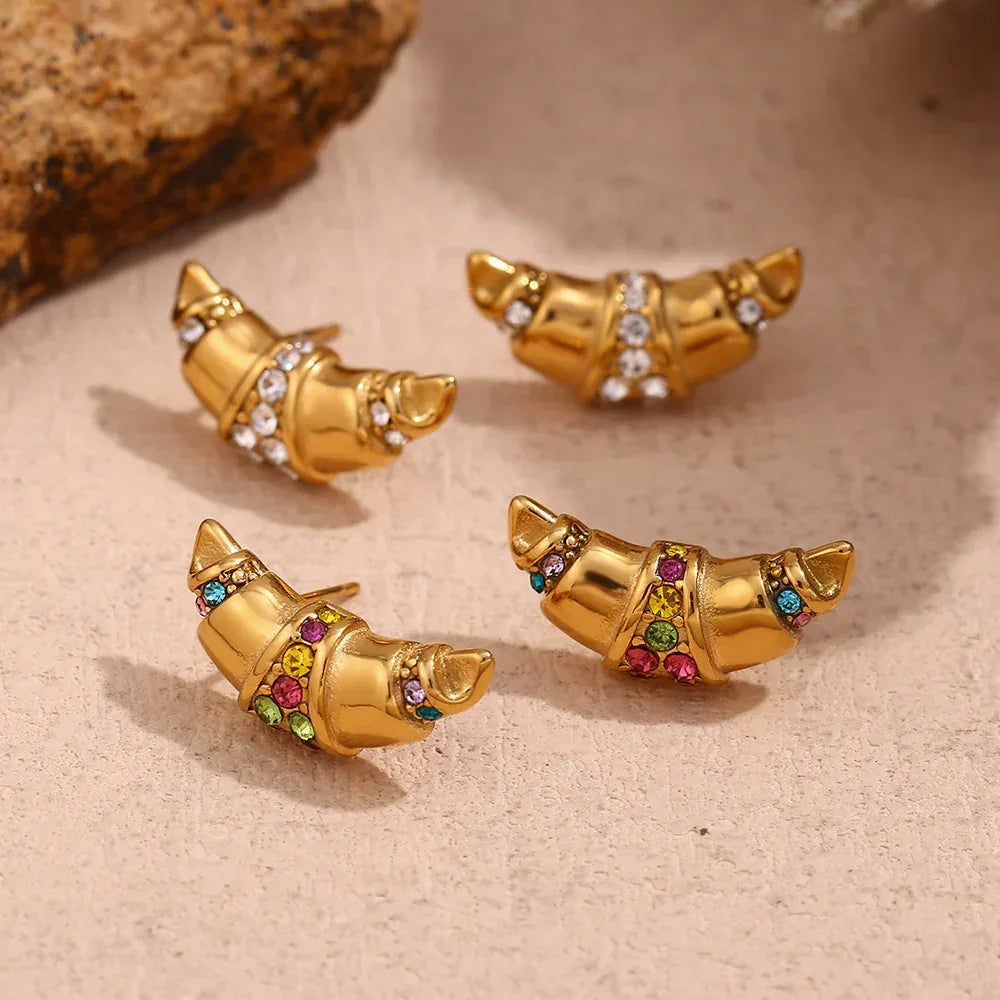 Stainless Steel Horn Shaped Rhinestone Studs - Viexta
