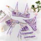 light-purple-mercerized-embroidery-lingerie-four-piece-set - Viexta