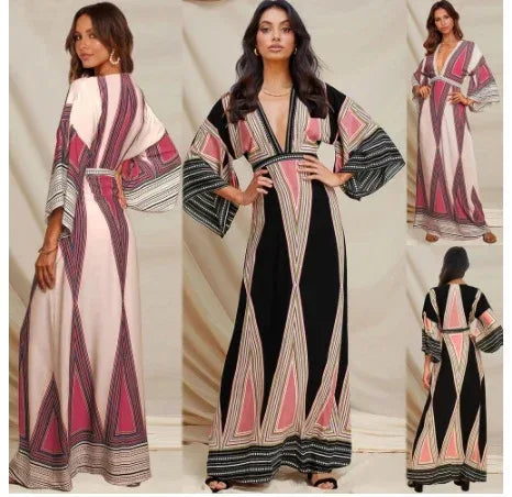 Deep V Neck Indian Print Dress - Viexta