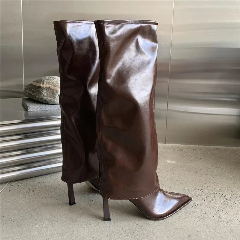 Patent Leather Pointed Toe Pantyhose Boots - Viexta