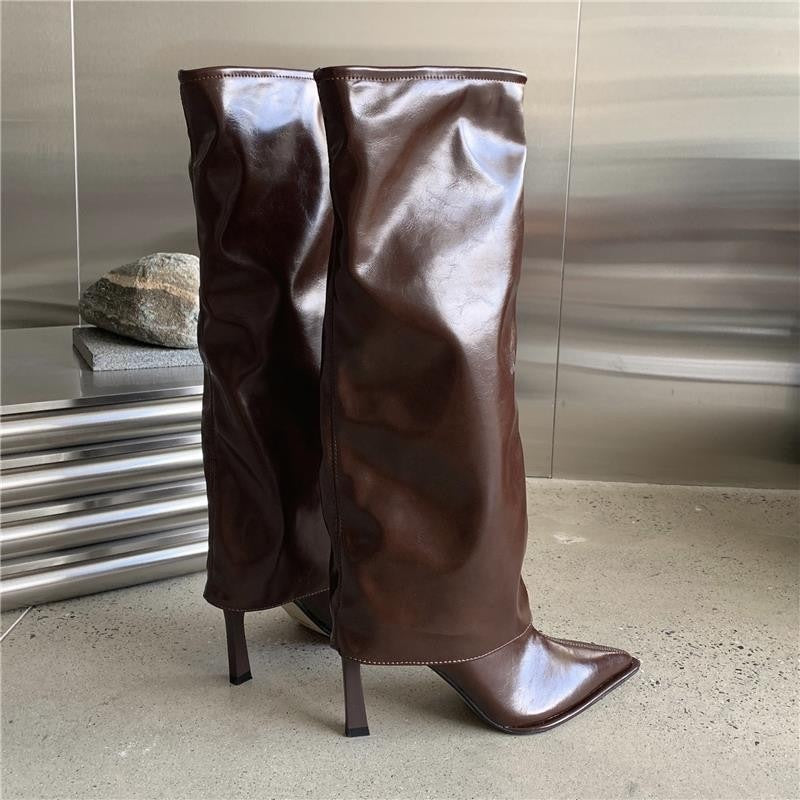 Patent Leather Pointed Toe Pantyhose Boots