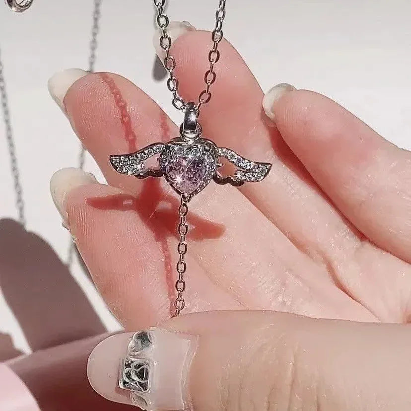 moving-cupid-heart-angel-wings-tassel-necklace - Viexta