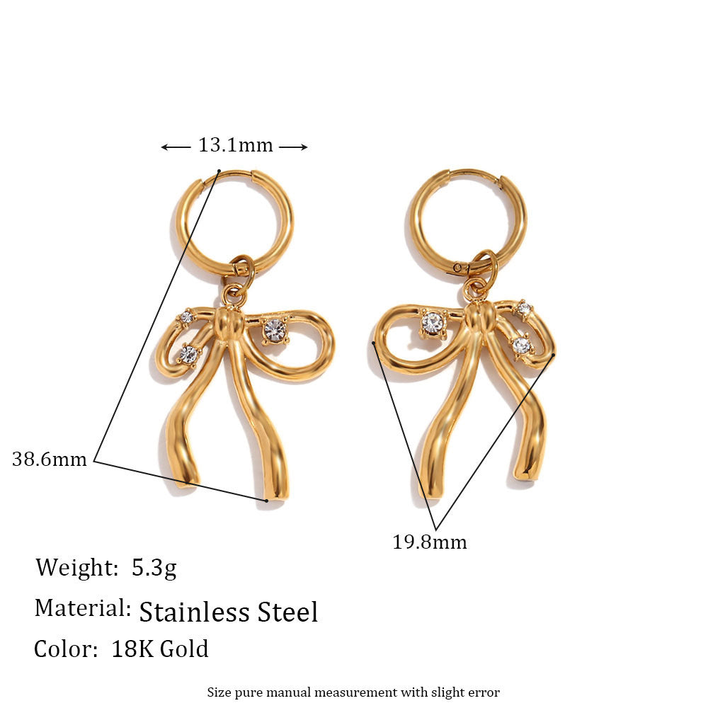 Stainless Steel 18K Gold Plating Rhinestone Bow Pendant Earring Ring