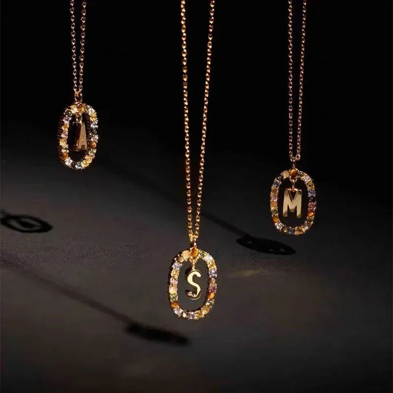 Colored Rhinestone Alphabet Necklace - Viexta