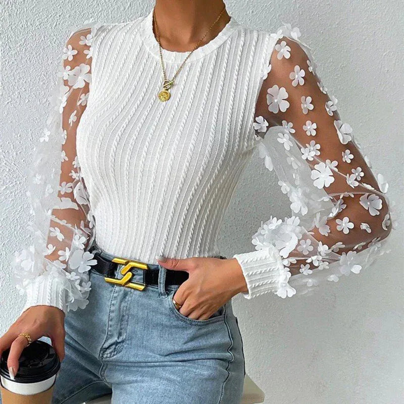 Women's Mesh Small Flower Chiffon Top - Viexta