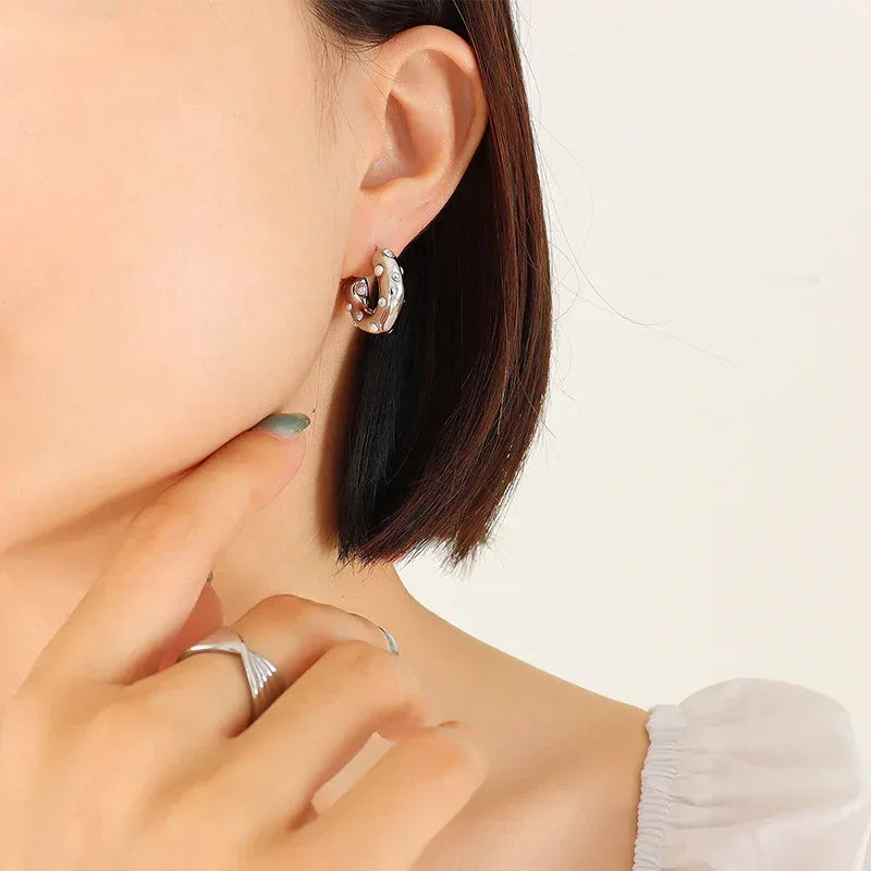 Titanium Steel Pearl Zircon Inlaid C Shape Hoops - Viexta