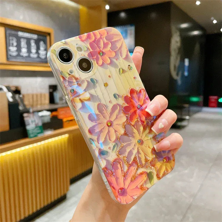 Yellow Oil Painting Flowers Phone Case Rhinestone Epoxy - Viexta