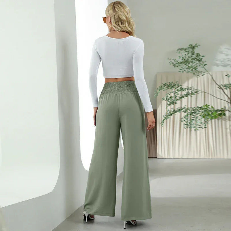 Fashion Straight Wide Leg Pants Elastic High Waist Casual Trousers For Women - Viexta