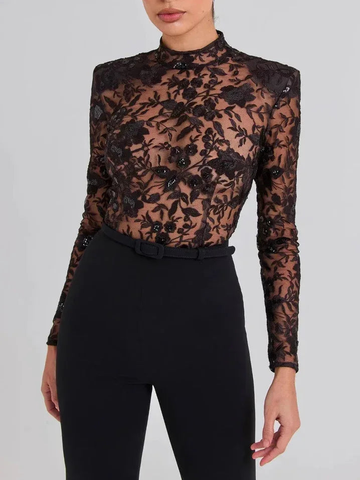 Black See-through Lace Long-sleeved Trousers Jumpsuit - Viexta