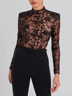 Black See-through Lace Long-sleeved Trousers Jumpsuit - Viexta