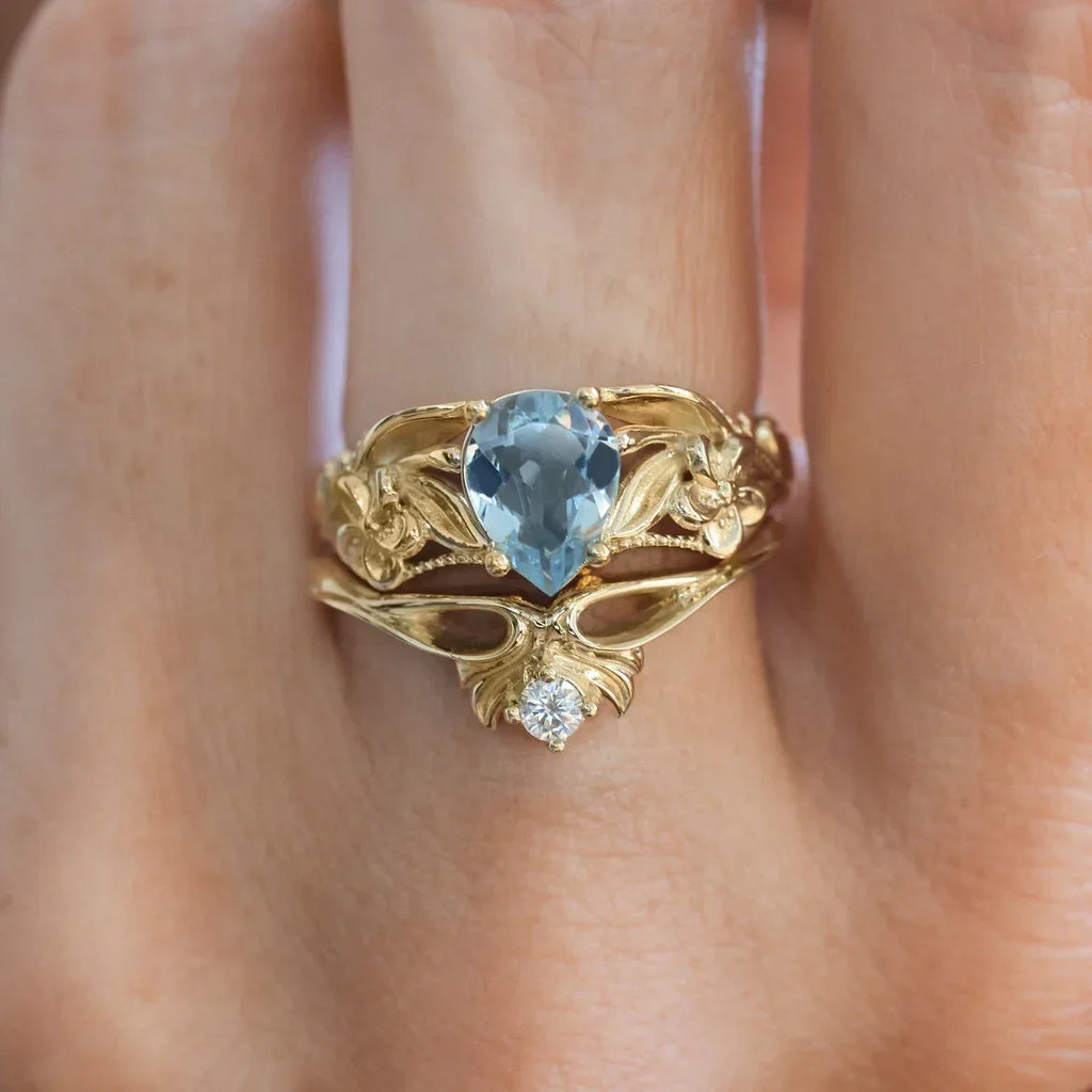 Gold Crown Sea Blue Diamond Ladies Couple Rings - Viexta