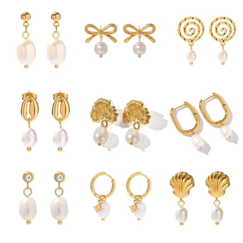 18k Gold Stainless Steel Pearl Ginkgo Pendant Earrings - Viexta
