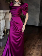 Elegant Puff Sleeve Pleated Slit Maxi Dress - Viexta