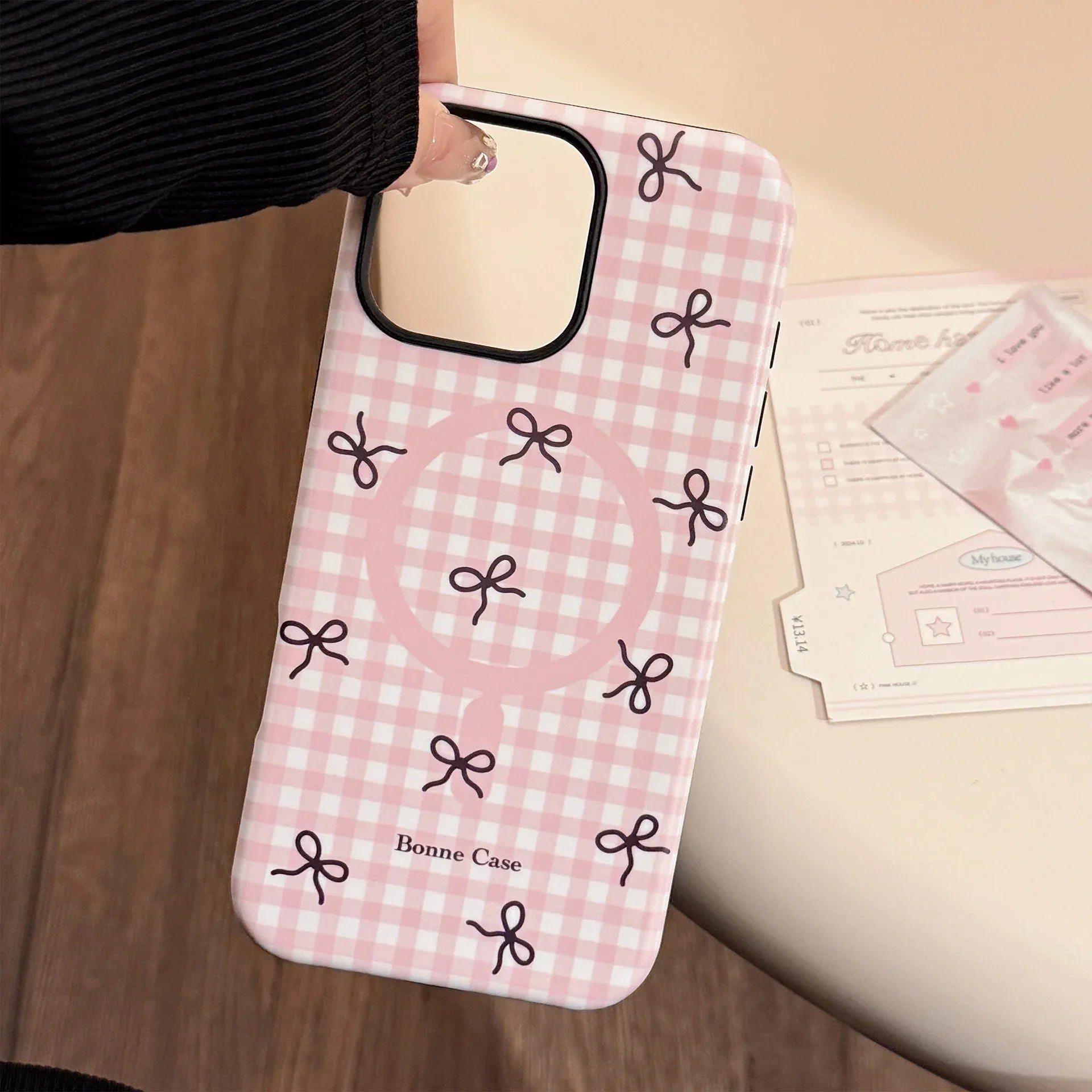 Plaid Bowknot Magnetic Stand iPhone Case