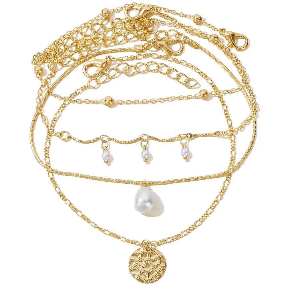 retro-love-butterfly-pearl-multi-layer-anklet-set - Viexta