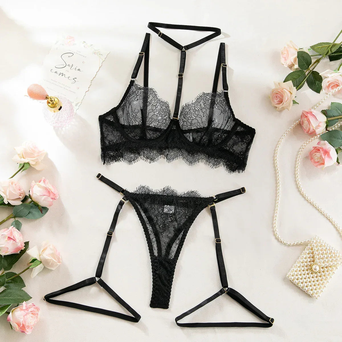 lingerie-suit-hollow-out-lace-halter-detachable-leg-ring - Viexta
