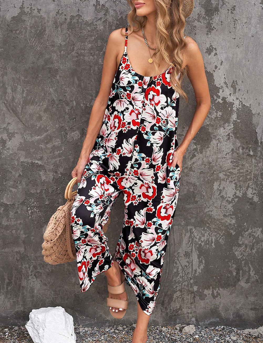 Flowers Print Suspender Jumpsuit - Viexta