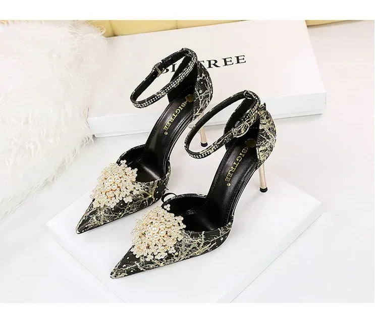 Low-cut Hollow Rhinestone Pearl High Heels - Viexta
