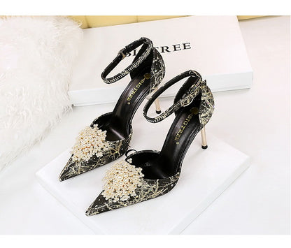 Low-cut Hollow Rhinestone Pearl  High Heels