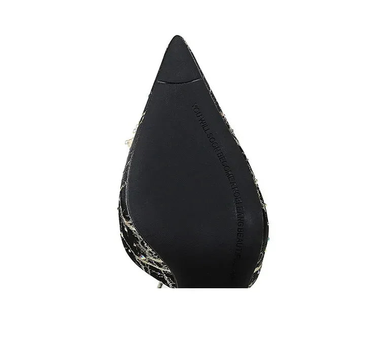 Low-cut Hollow Rhinestone Pearl High Heels - Viexta