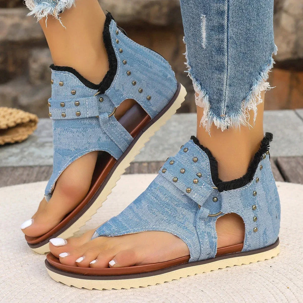 Denim Thong Sandals With Rear Zipper - Viexta