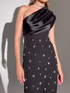 Off-shoulder Diamond Black Evening Dress - Viexta