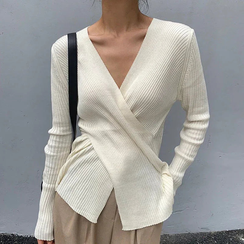Slimming V-neckline Cross Knitted Sweater - Viexta