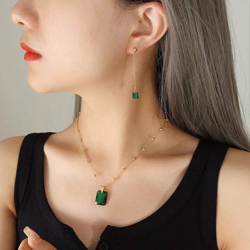 emerald-zircon-pendant-necklace-earring-jewelry-set - Viexta