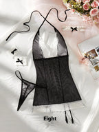 Lace Joint Mesh See-through Lingerie Four-piece Set - Viexta