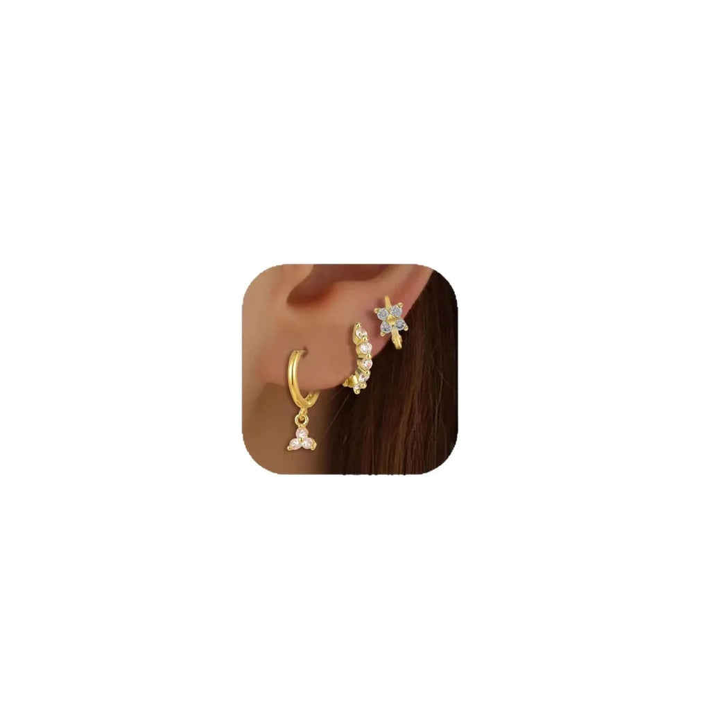 Brass Zircon Geometric Flower Three-piece Set - Viexta