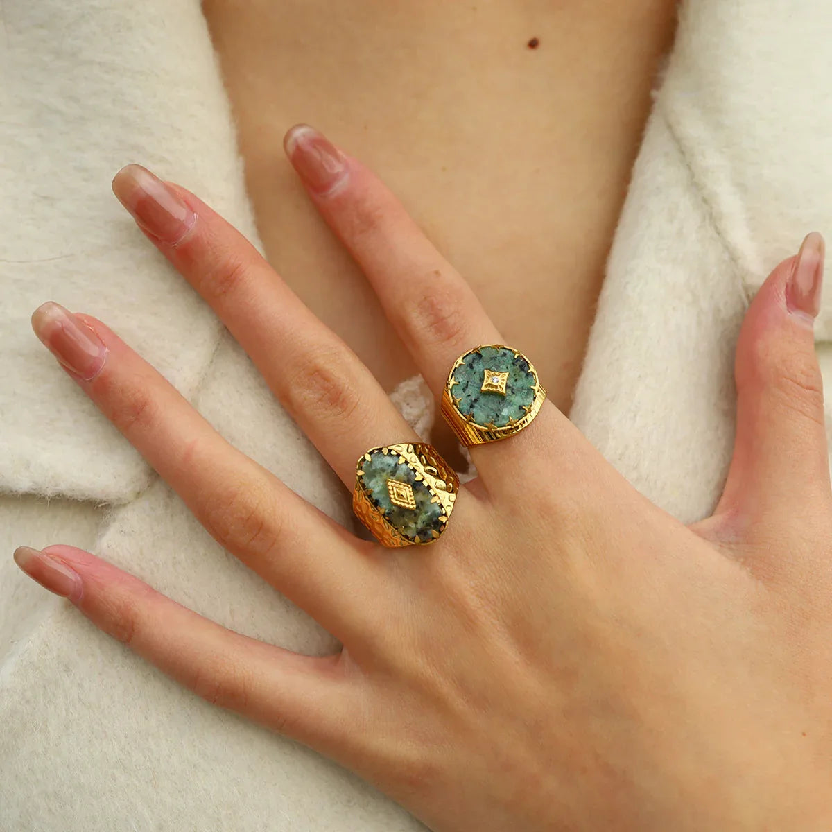 18k Gold Natural Stone Titanium Steel Ring