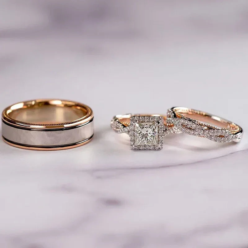 Rose Gold Three-Piece Diamond-Encrusted Zircon Ring Set - Viexta