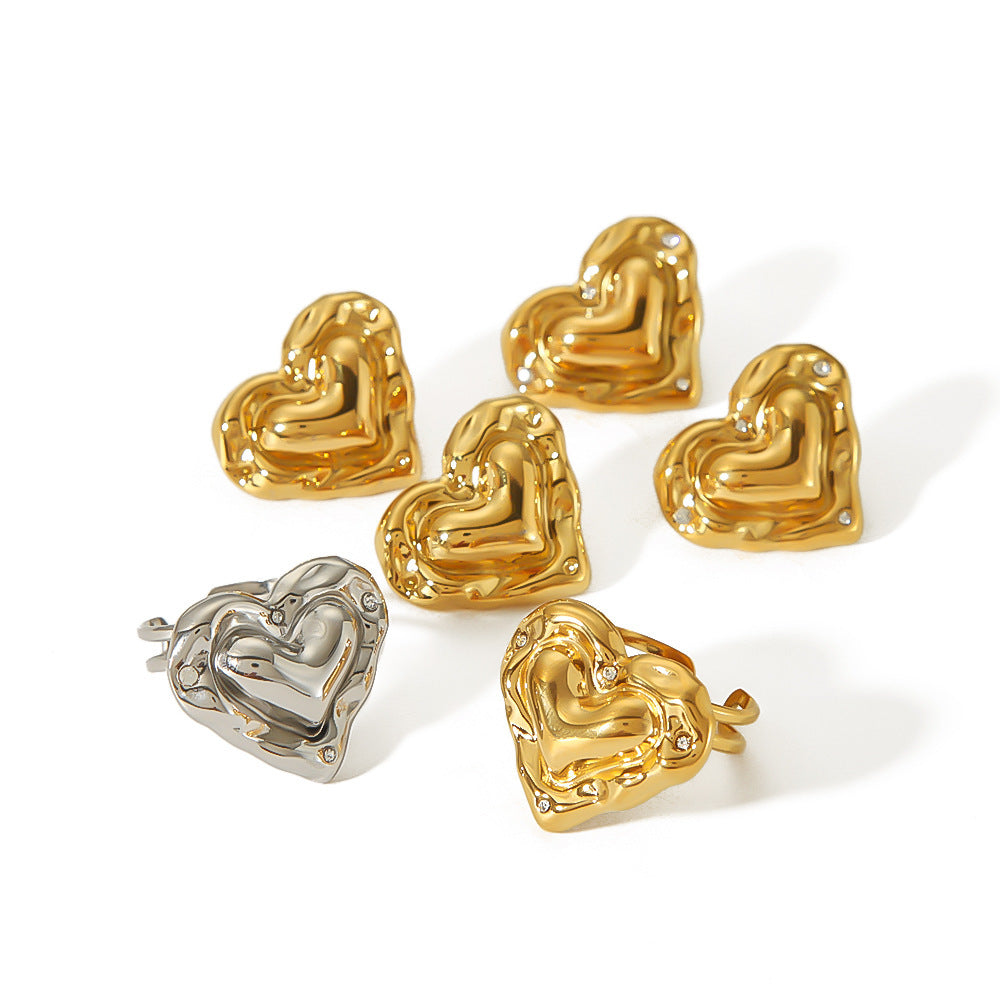 Love Heart-shaped Stainless Steel 18K Ear Stud And Ring