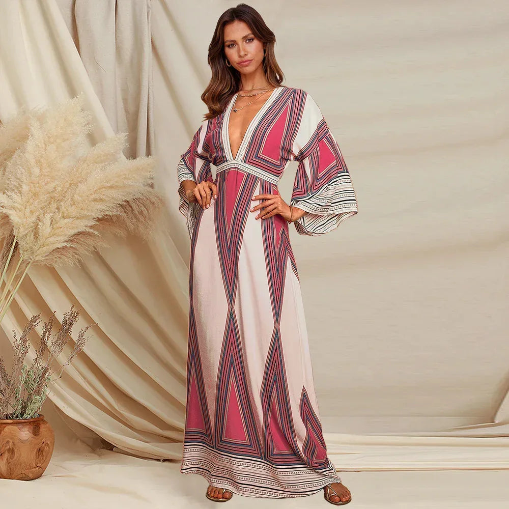Deep V Neck Indian Print Dress - Viexta
