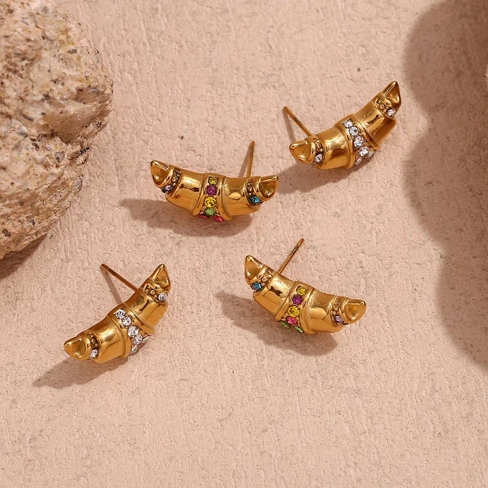 Stainless Steel Horn Shaped Rhinestone Studs - Viexta