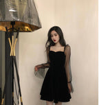 Sleeves A- Line Dress Black Square Collar Dress