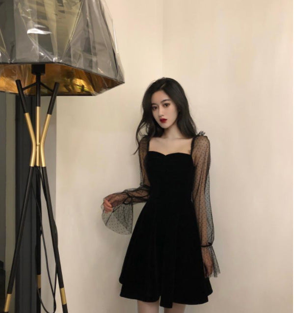 Sleeves A- Line Dress Black Square Collar Dress