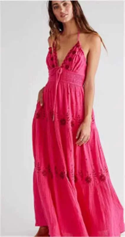 Summer V-neck Sleeveless Waist Embroidered Dress - Viexta