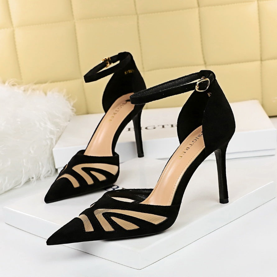 Low-cut Pointed Toe Nightclub Mesh Hollow-out Strap Heels