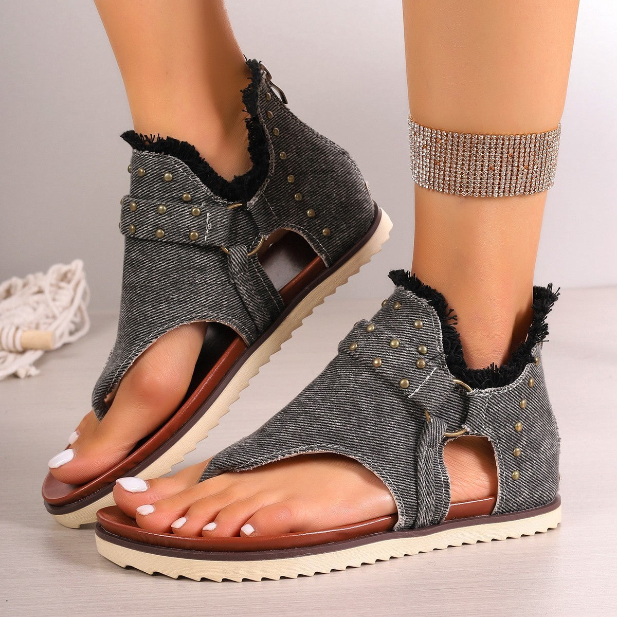 Denim Thong Sandals With Rear Zipper