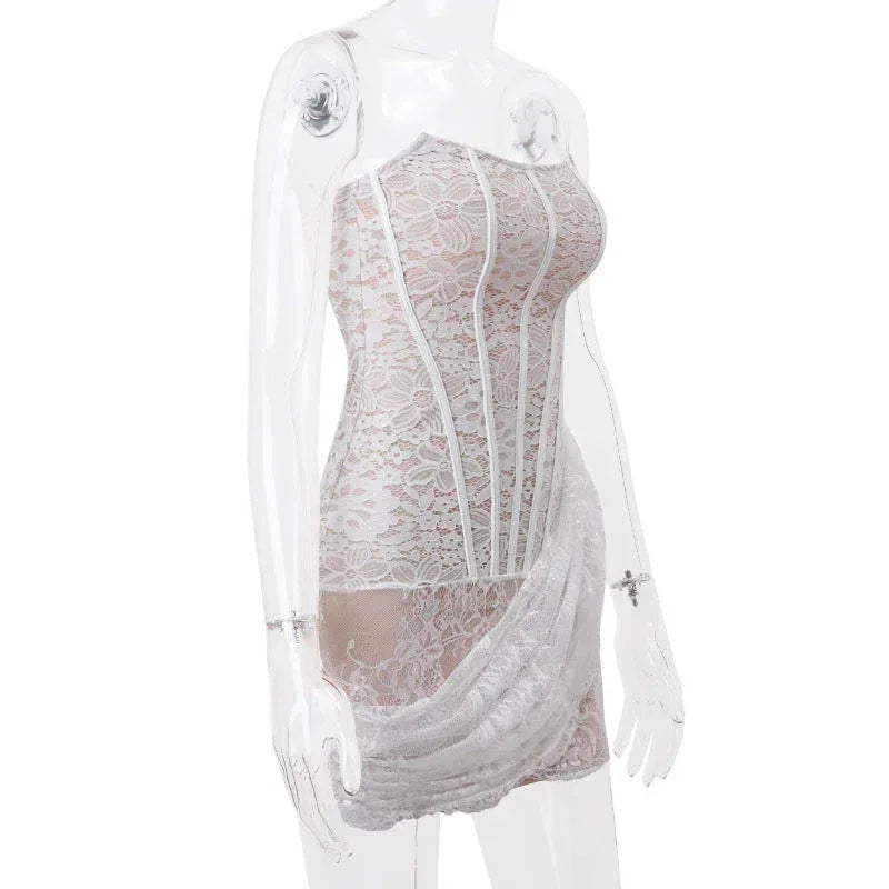 Strapless Lace Dress With Back Lace-up Design - Viexta