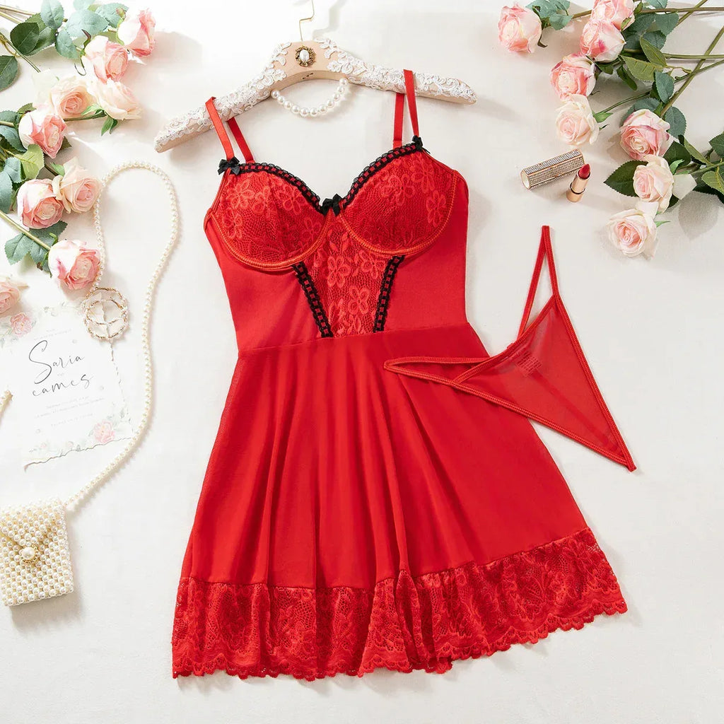 sexy-lingerie-nightdress-lace-stitching-lace-body-shaping-sexy-lingerie-three-piece-set - Viexta
